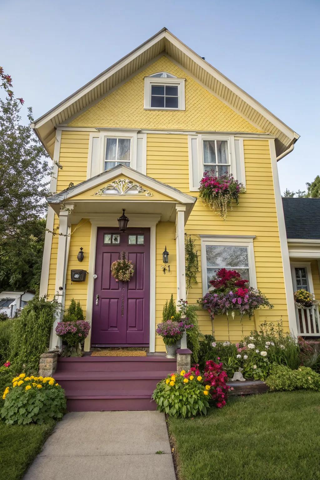 Purple doors add a luxurious touch to yellow exteriors.