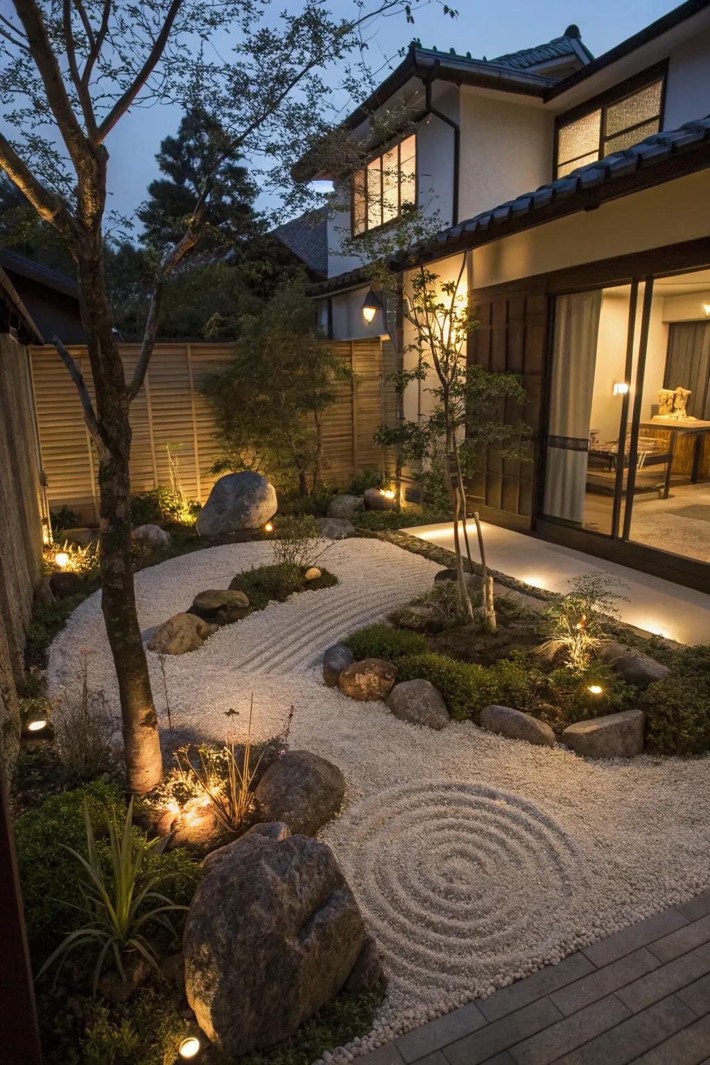 Subtle lighting enhances the garden's tranquility.