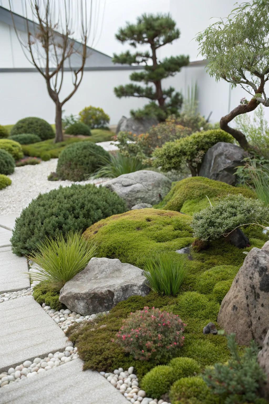 A harmonious blend of plant textures adds depth to a zen garden.