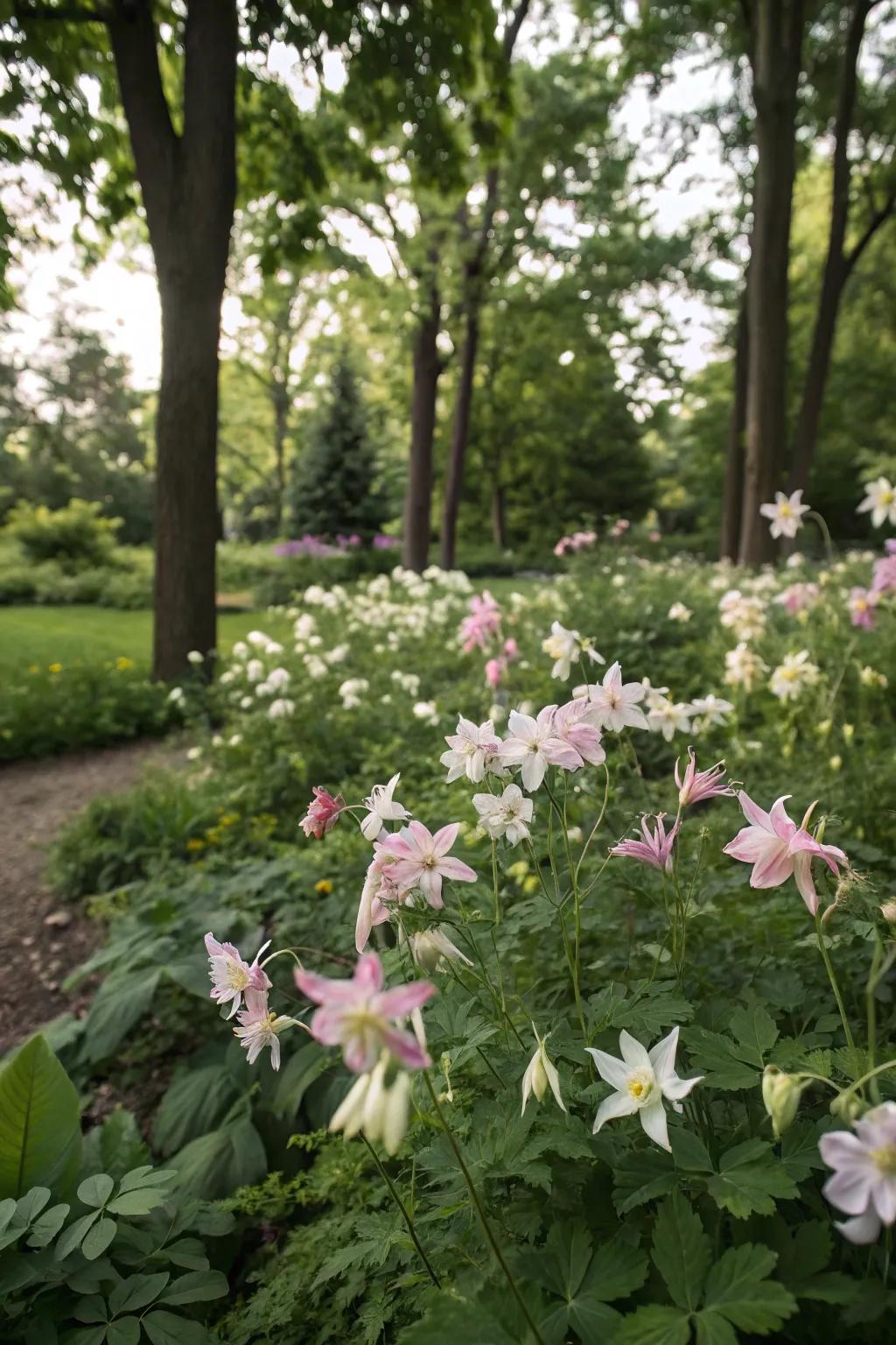 Columbine flowers add ethereal charm to shaded gardens.