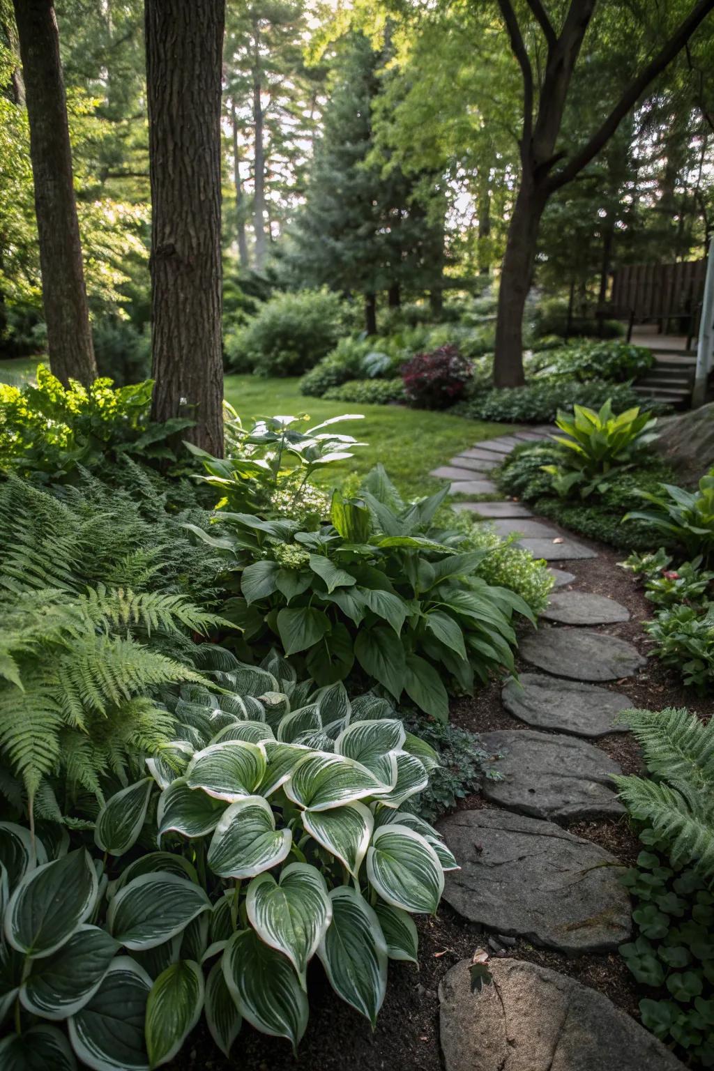 A shade garden provides a cool, lush retreat.