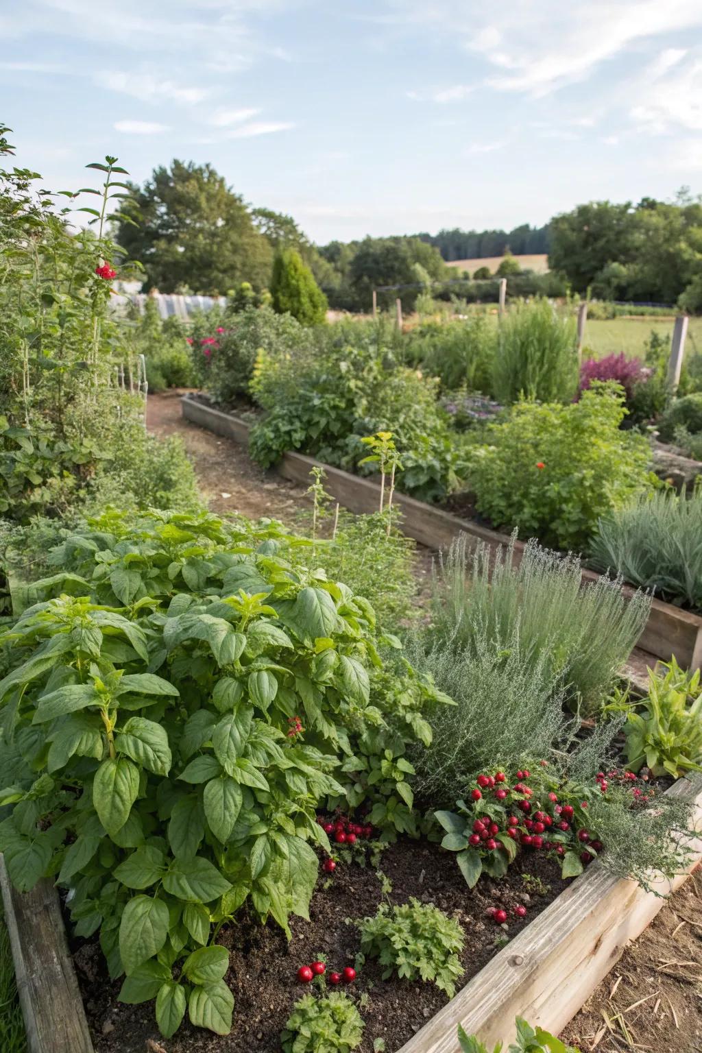 A garden with edible plants providing beauty and bounty in zone 7.