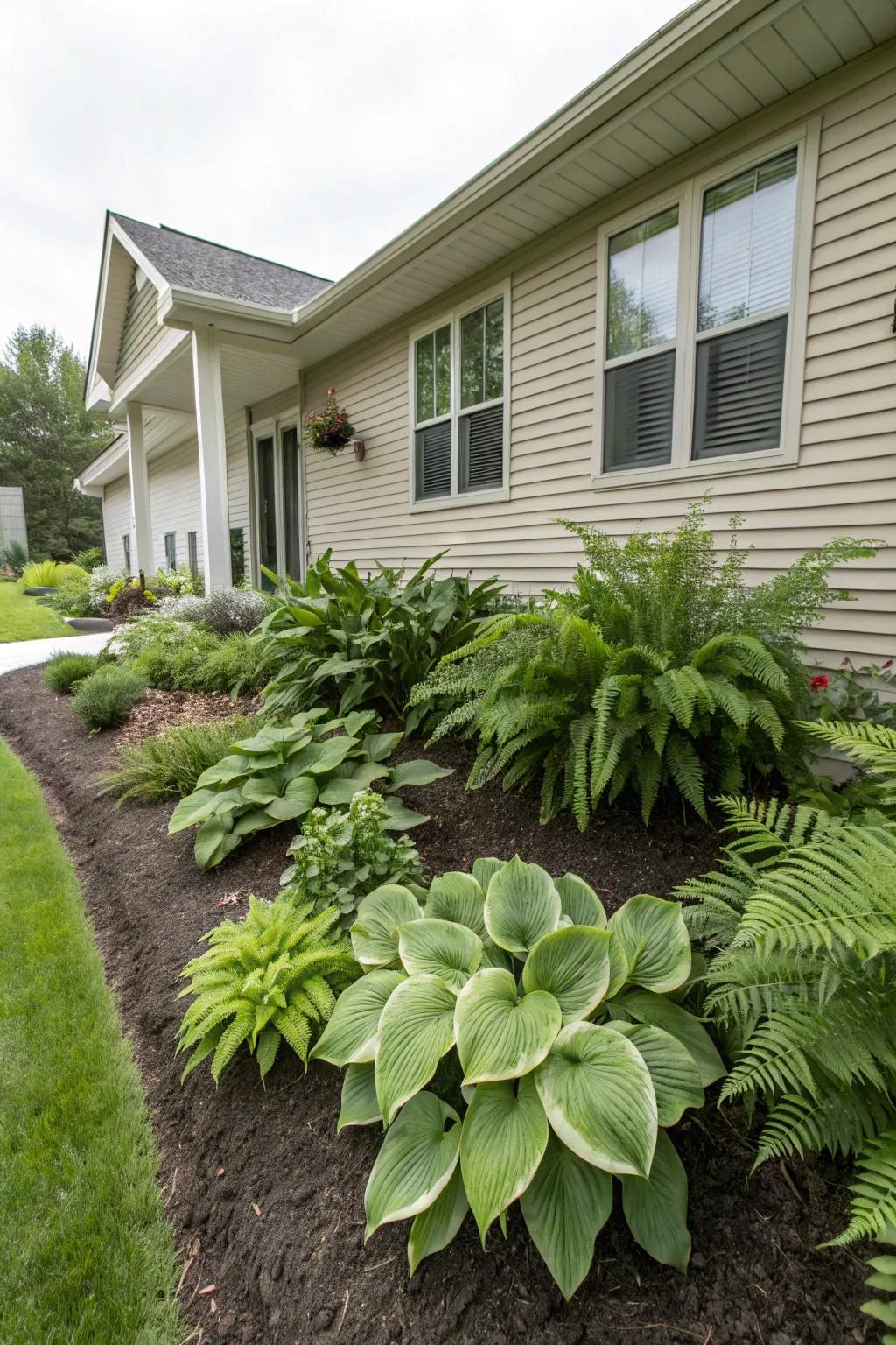 Foundation planting using hostas and ferns to blend home and garden in zone 8b.