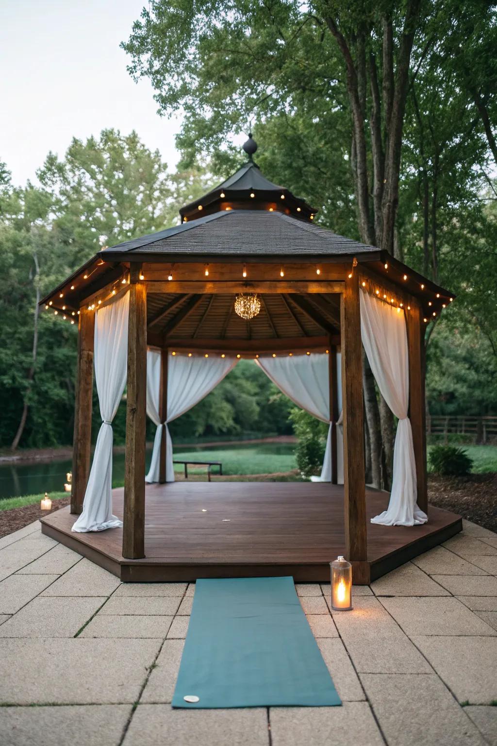 Find your flow in a tranquil gazebo yoga studio.
