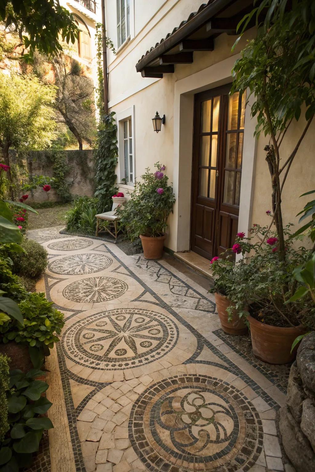 Artistic stone patterns add a custom touch to a patio.