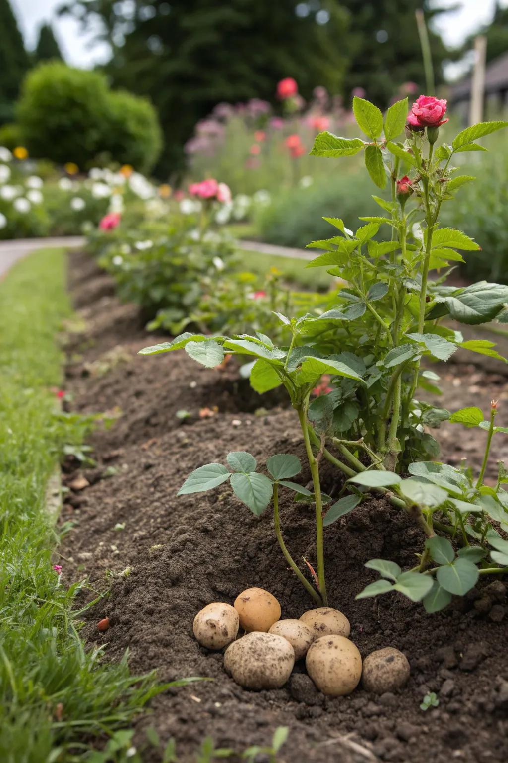 Use potatoes to root rose cuttings effectively.