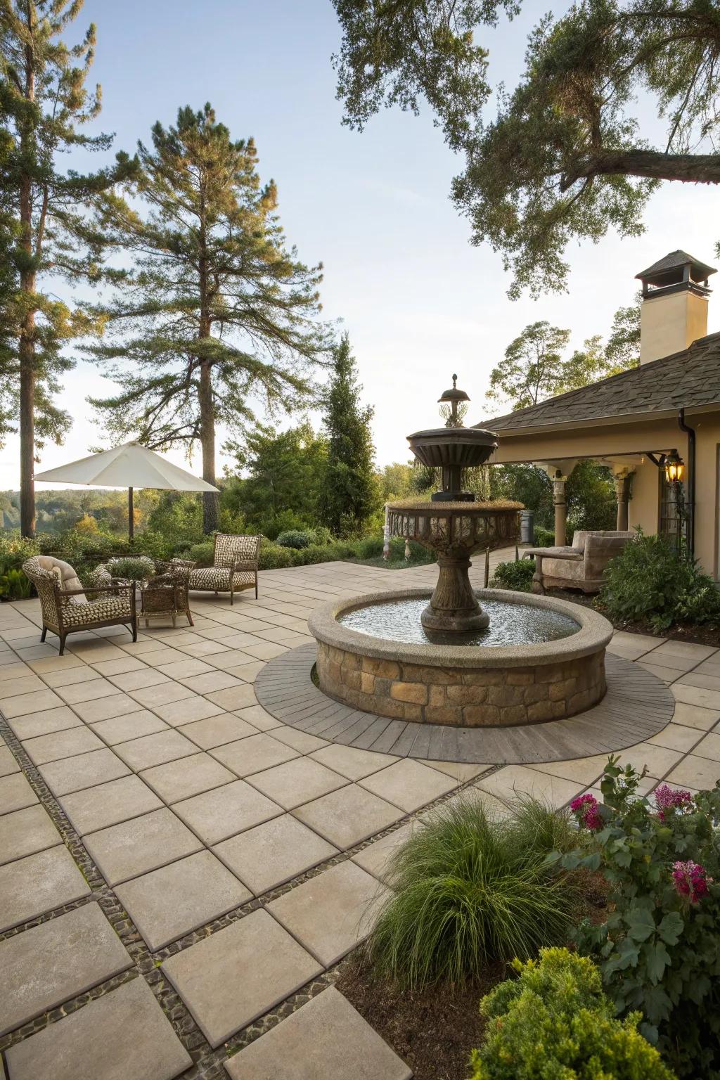A courtyard-style patio offers classic elegance with a central focal point.