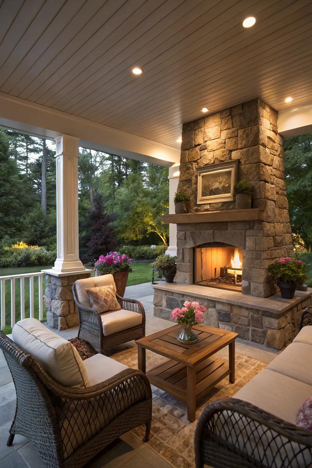 Warm up with a cozy outdoor fireplace.