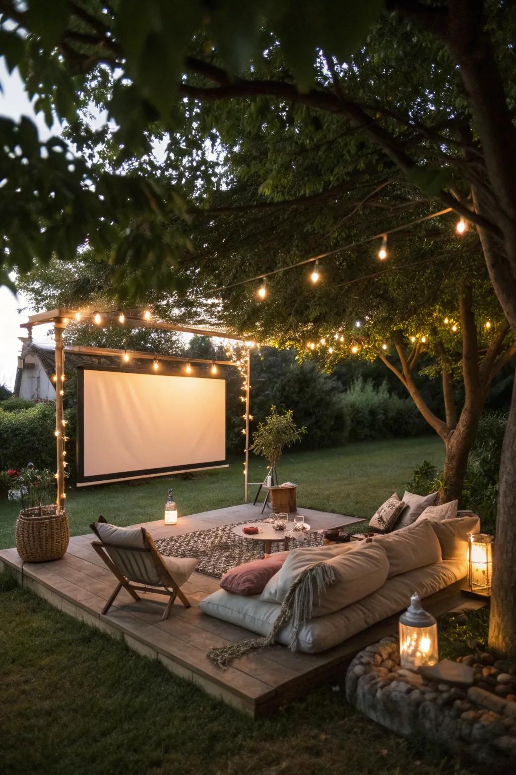 A movie night setup on a 20x20 deck.