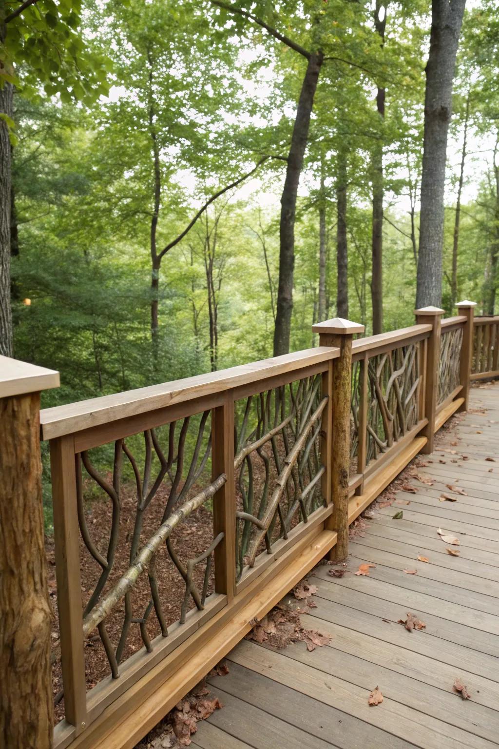 Branch inserts between 2x6 railings add a whimsical, natural element.