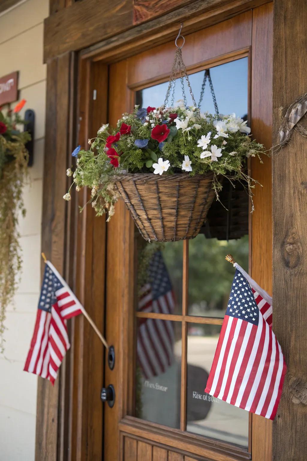 A flower basket with flags makes a charming door decoration.