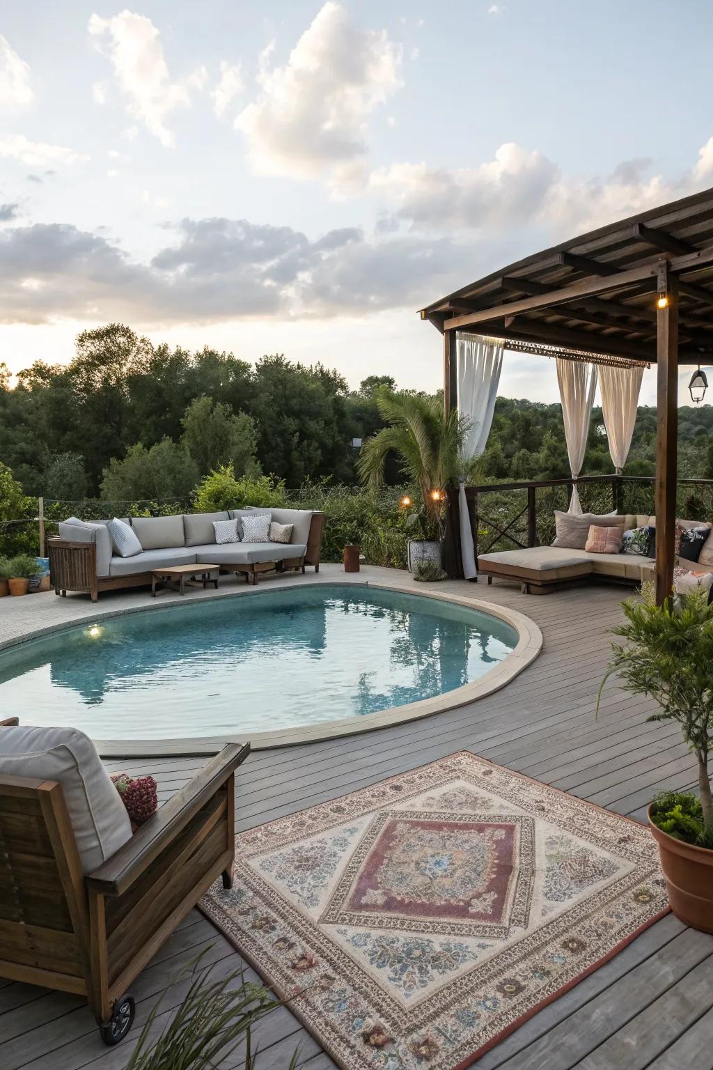 An inviting outdoor living room around the pool