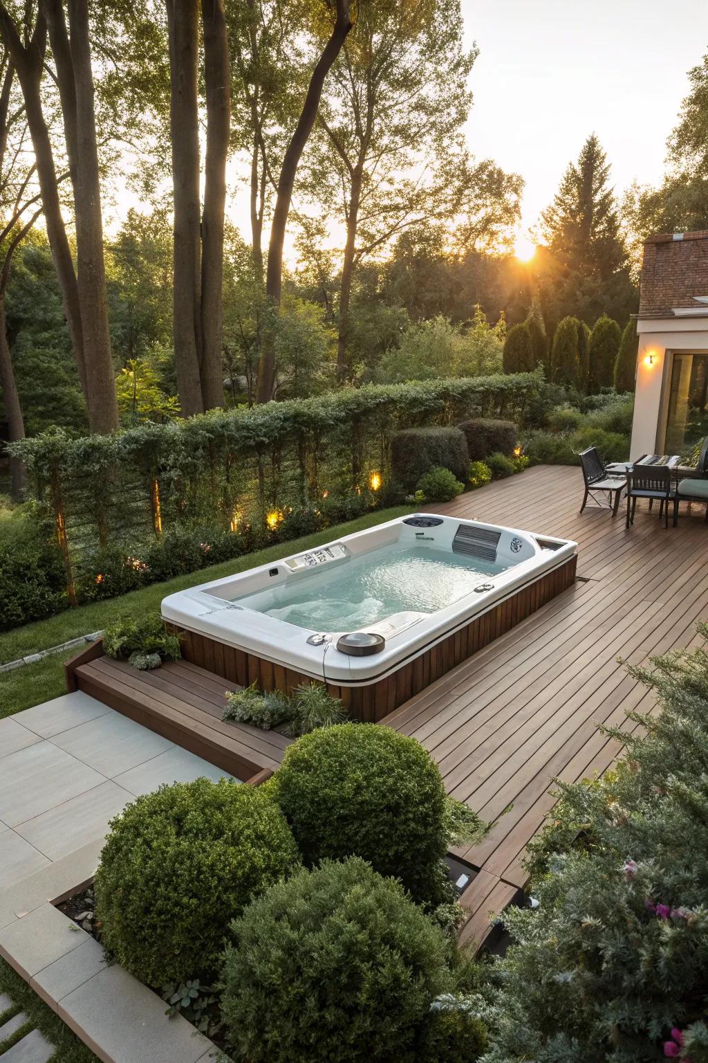 A sunken deck design adds a luxurious touch to your swim spa area.