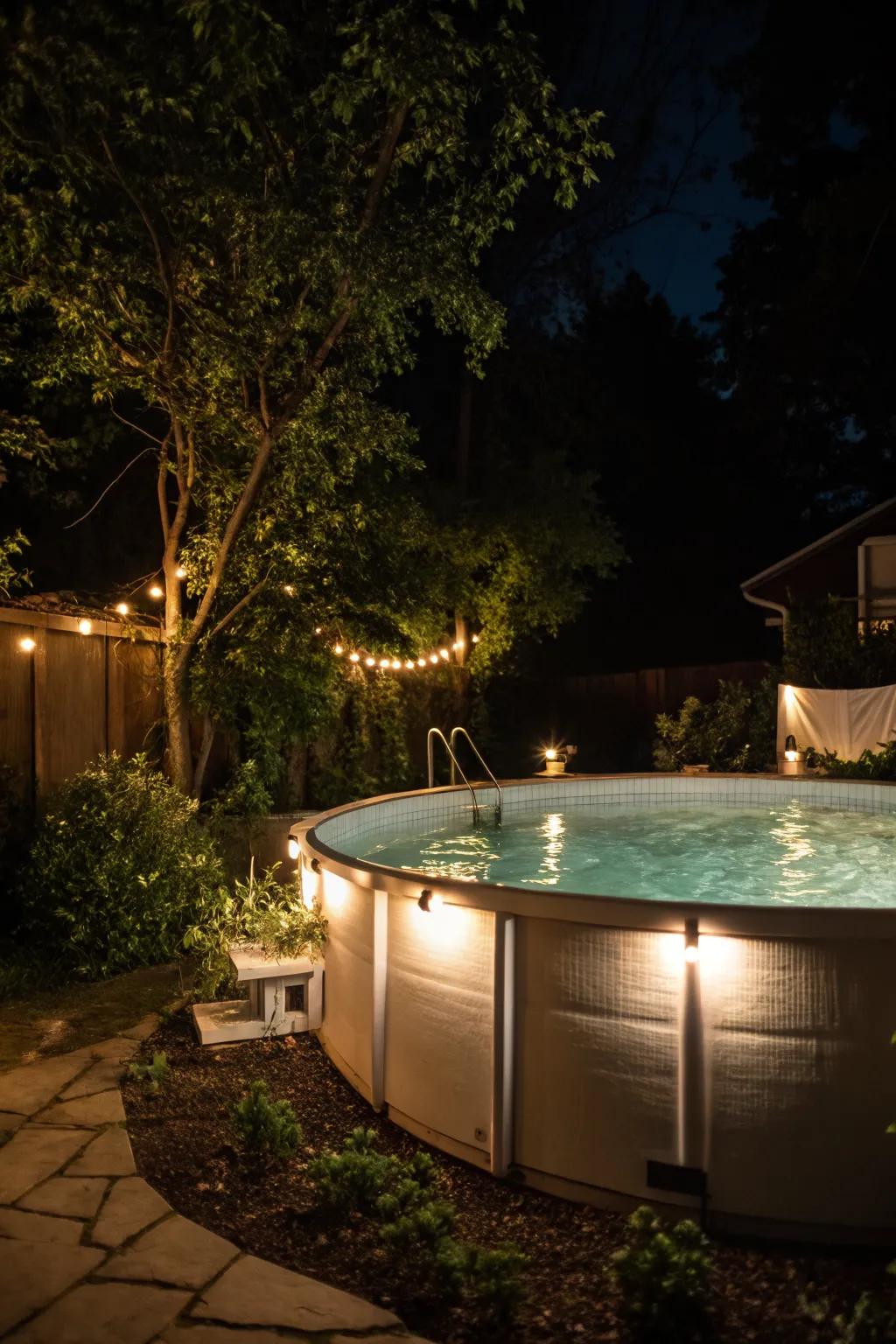 A beautifully lit pool that becomes a magical nighttime oasis.