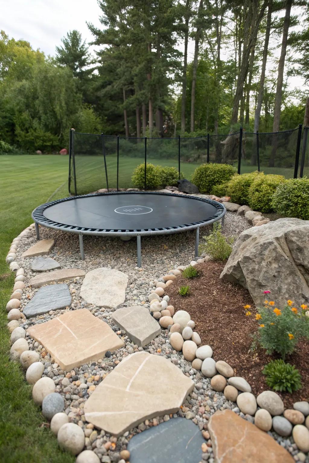 A rock garden creates a tranquil atmosphere around a trampoline.