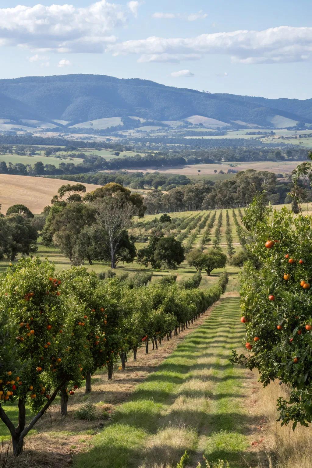 A beautiful orchard with fruit trees adds both beauty and bounty to the landscape.