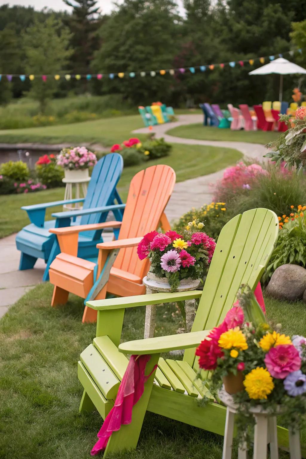 Adirondack chairs add color and fun to a garden party.