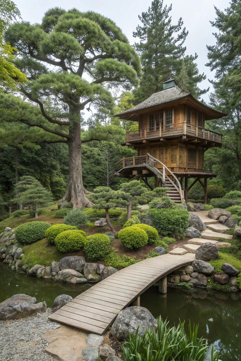 A Zen garden treehouse offering a retreat for meditation and peace.
