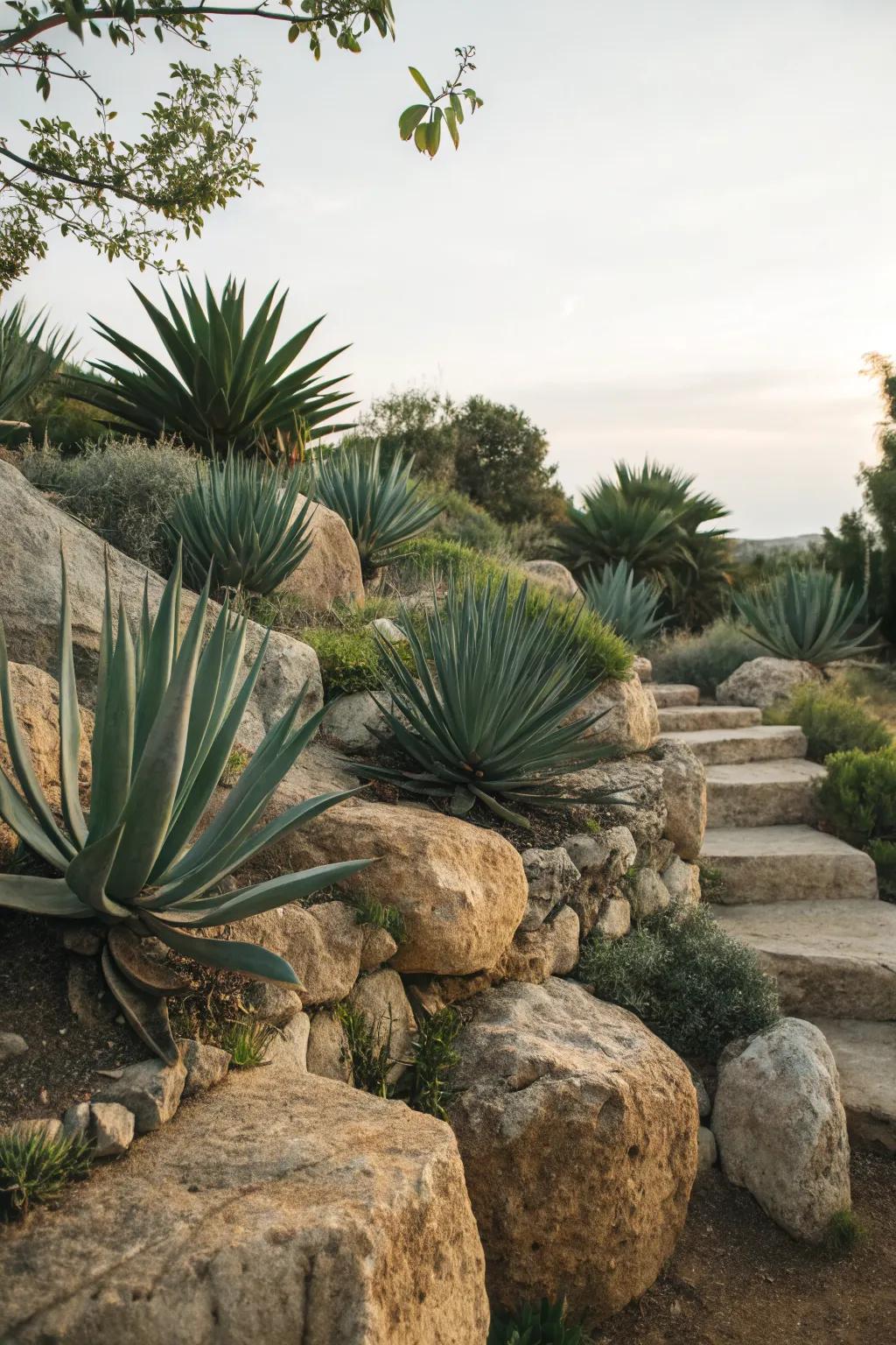 Agave and natural stone for a timeless garden look.