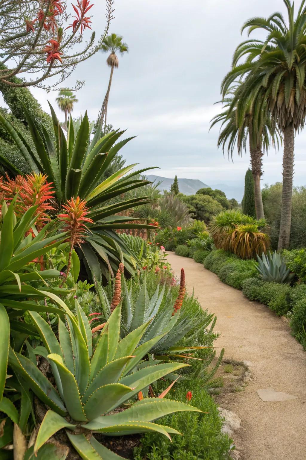 Agaves paired with tropical plants for an exotic look.