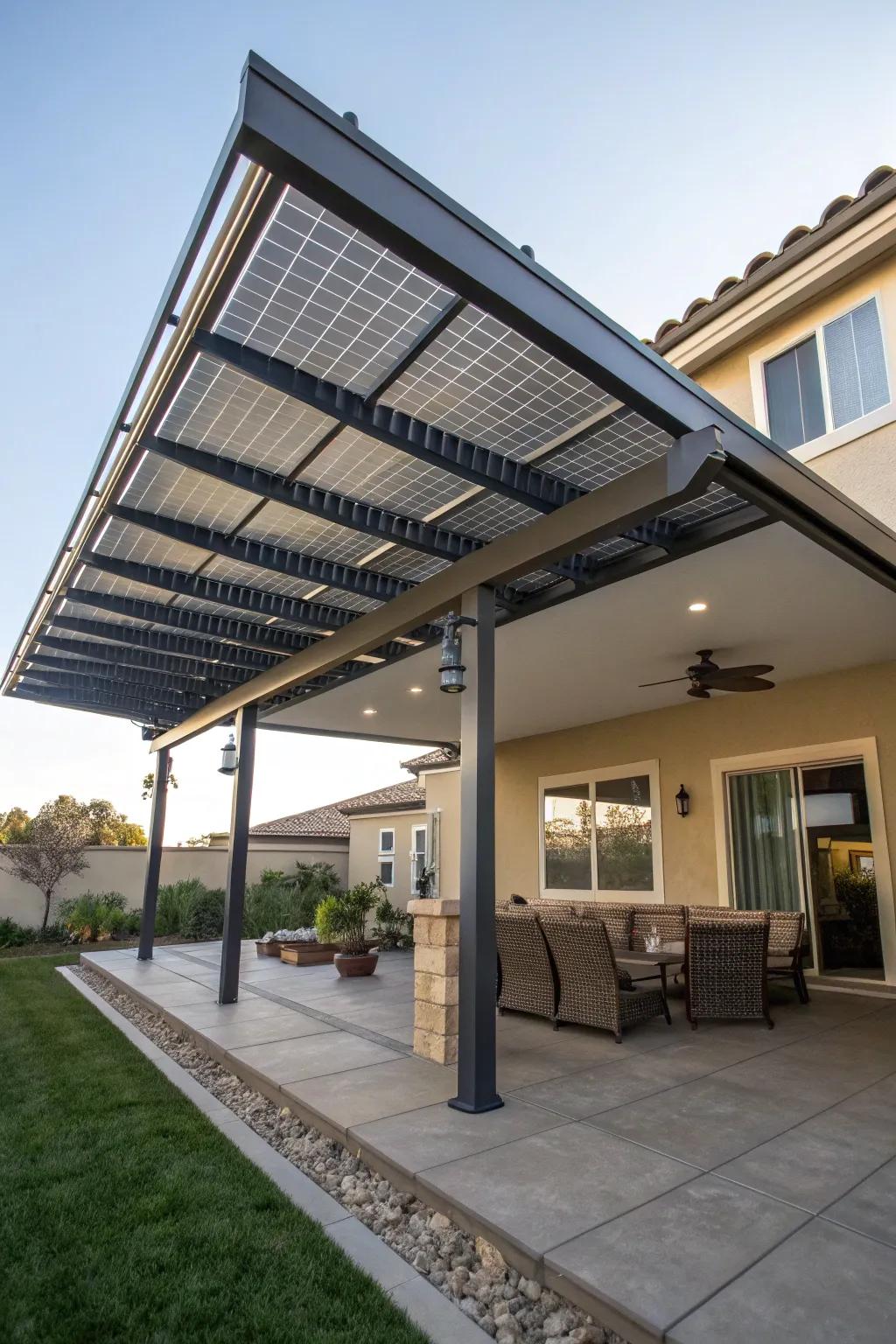 Opt for eco-friendly energy with solar panels on your patio cover.