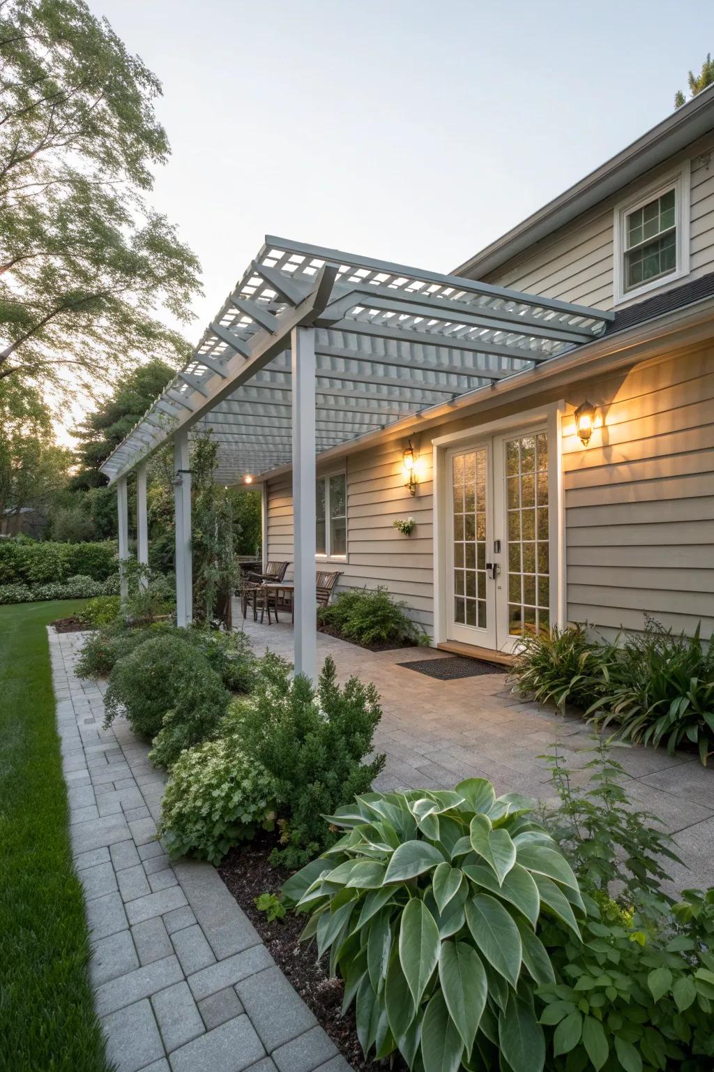 An attached aluminum pergola for seamless indoor-outdoor living.