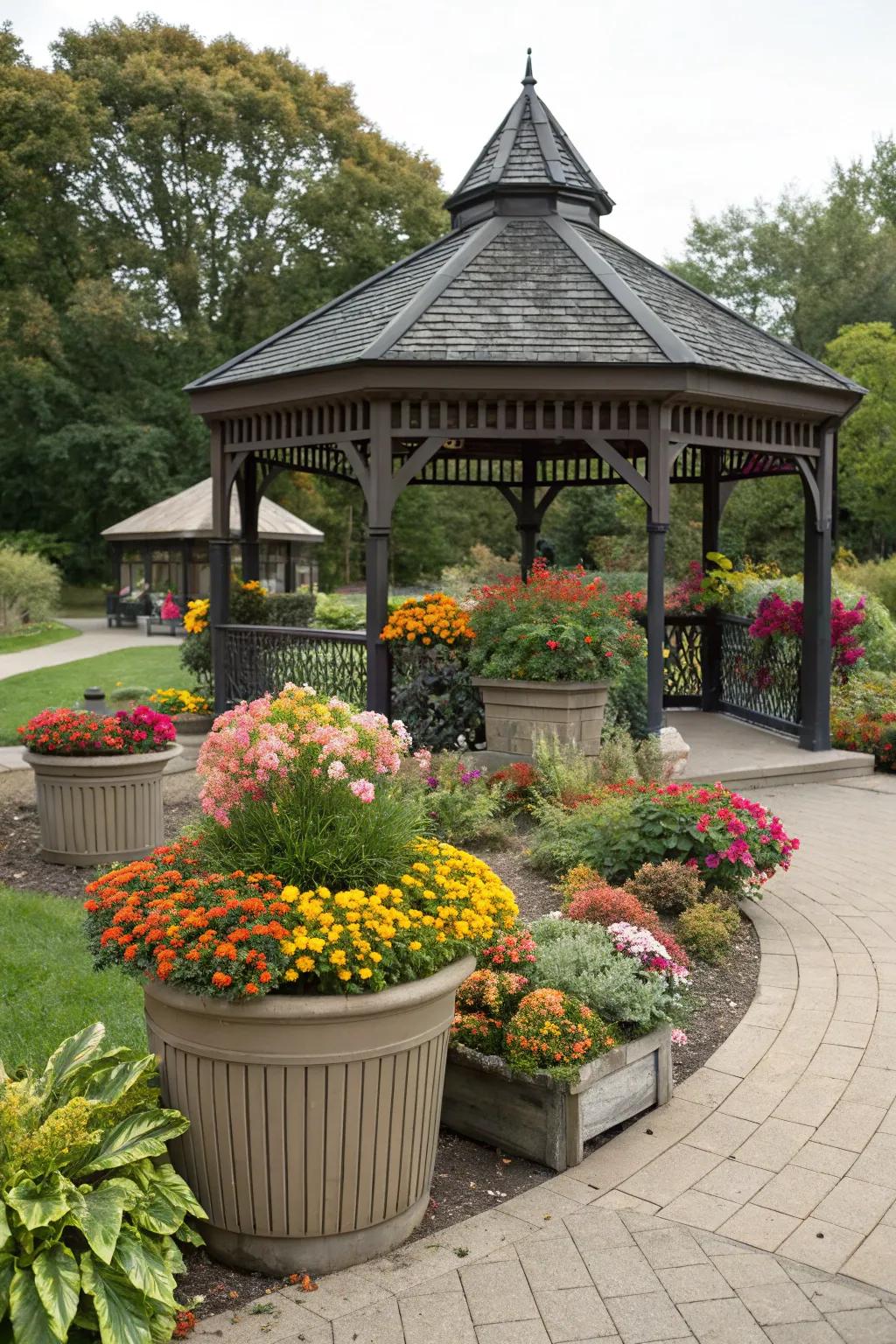 Seasonal blooms ensure continuous vibrancy around your gazebo.
