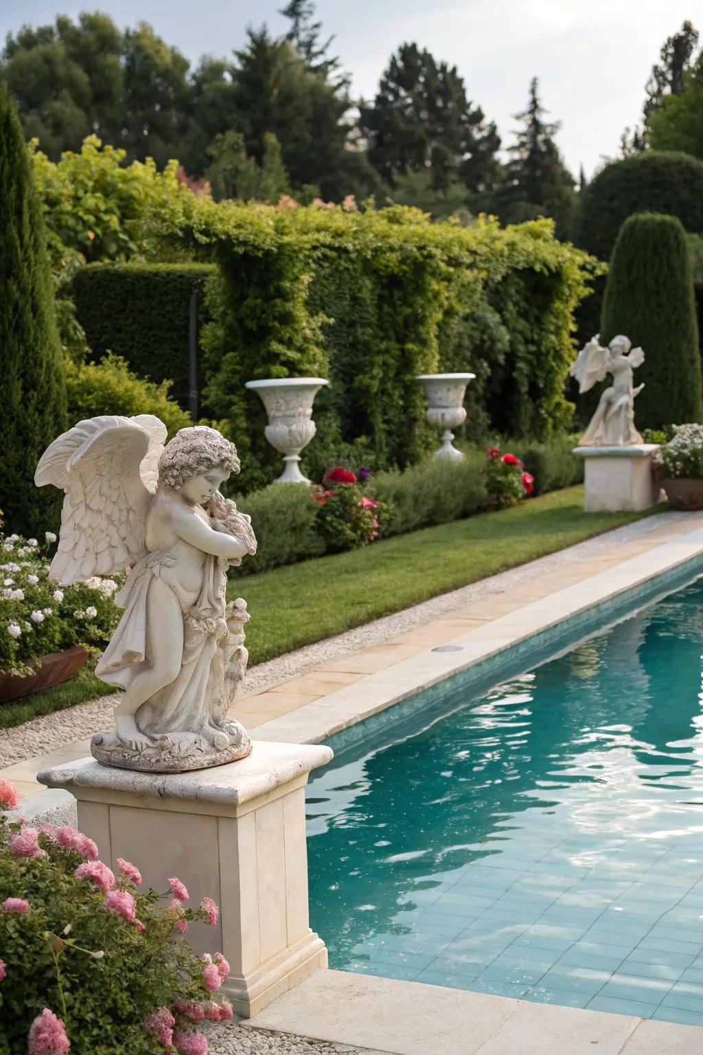 A pool enhanced by whimsical angelic sculptures, adding artistic flair.