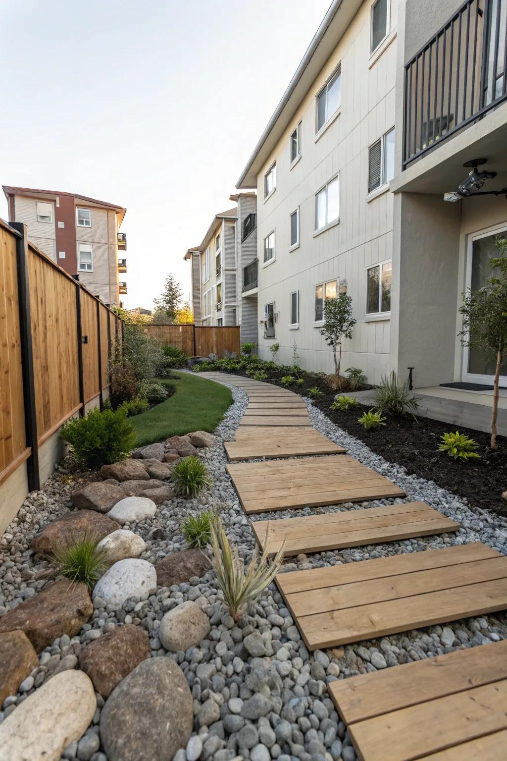 An apartment backyard showcasing a blend of textures with wood, stone, and gravel.