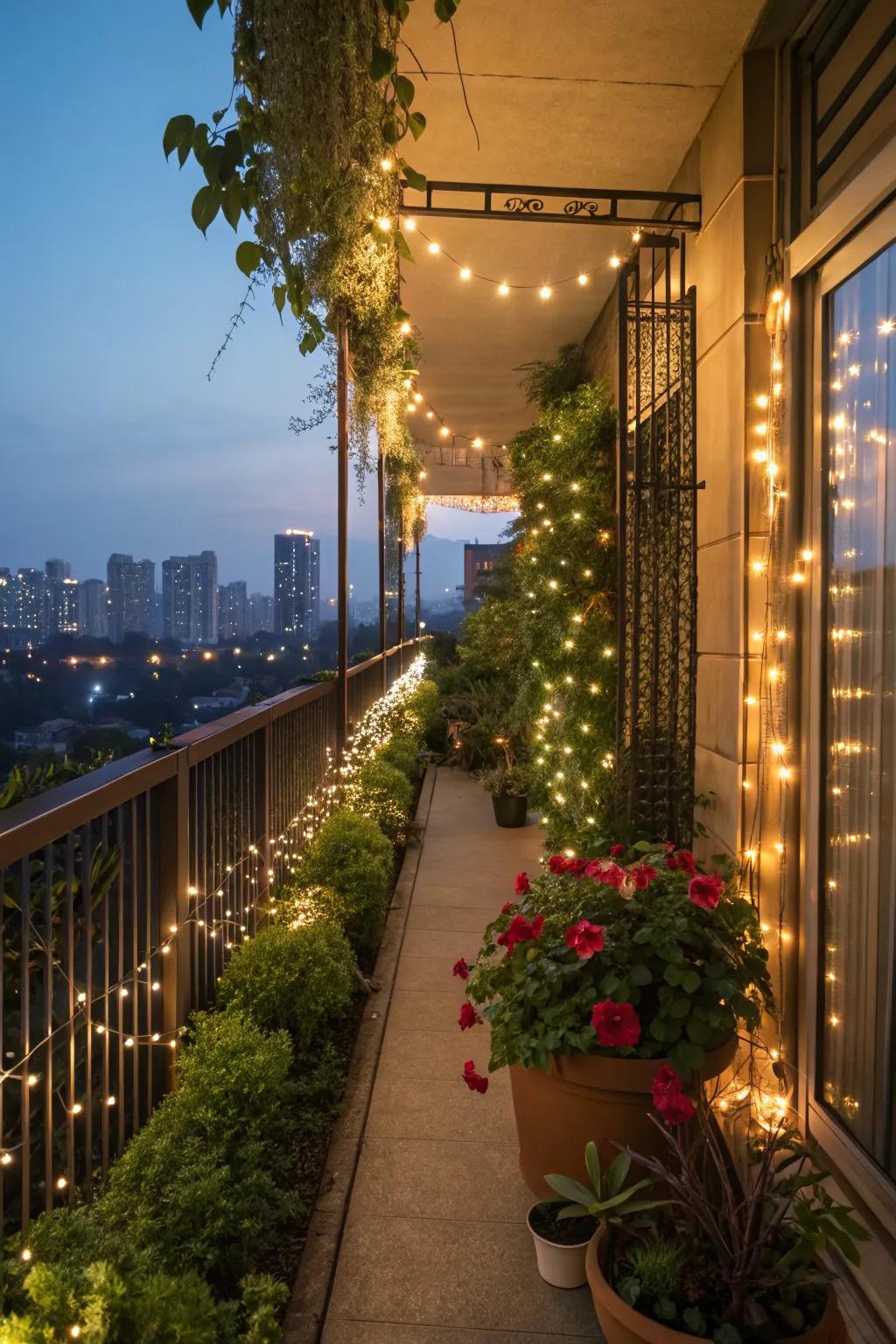 Twinkle lights over plants blend nature with festive sparkle.