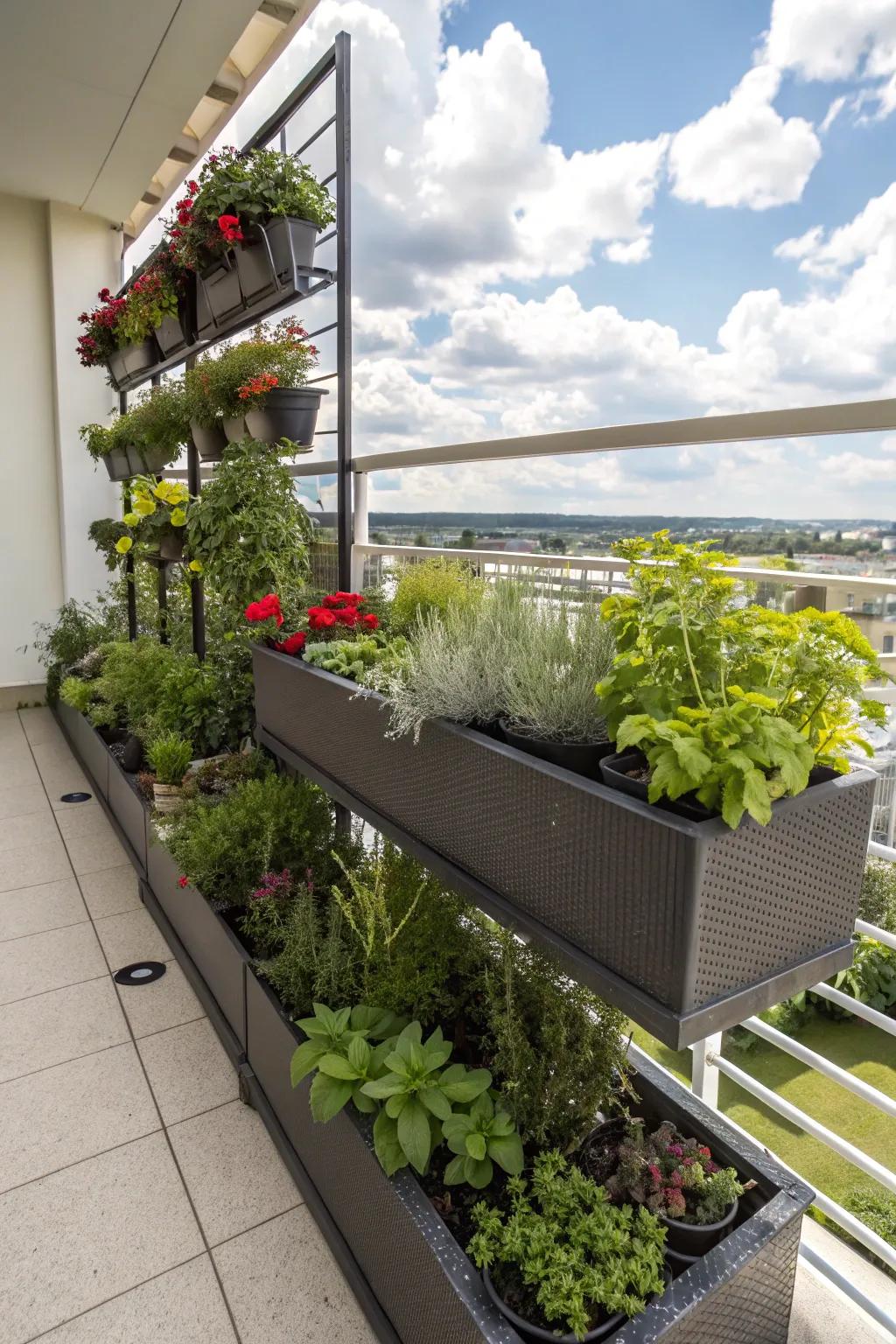 Maximize space with multi-level planters on your balcony.