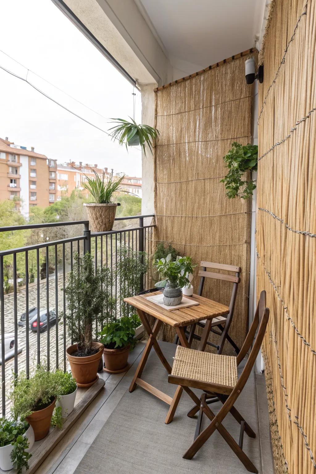 Reed screens offer a natural, rustic privacy solution for balconies.