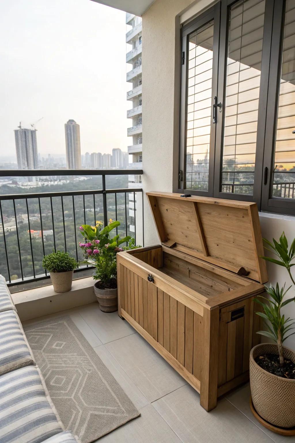 A storage bench providing practicality and style on an apartment balcony.