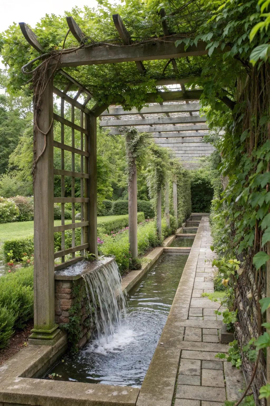 A unique trellis combined with a water feature, adding a soothing touch to the garden.