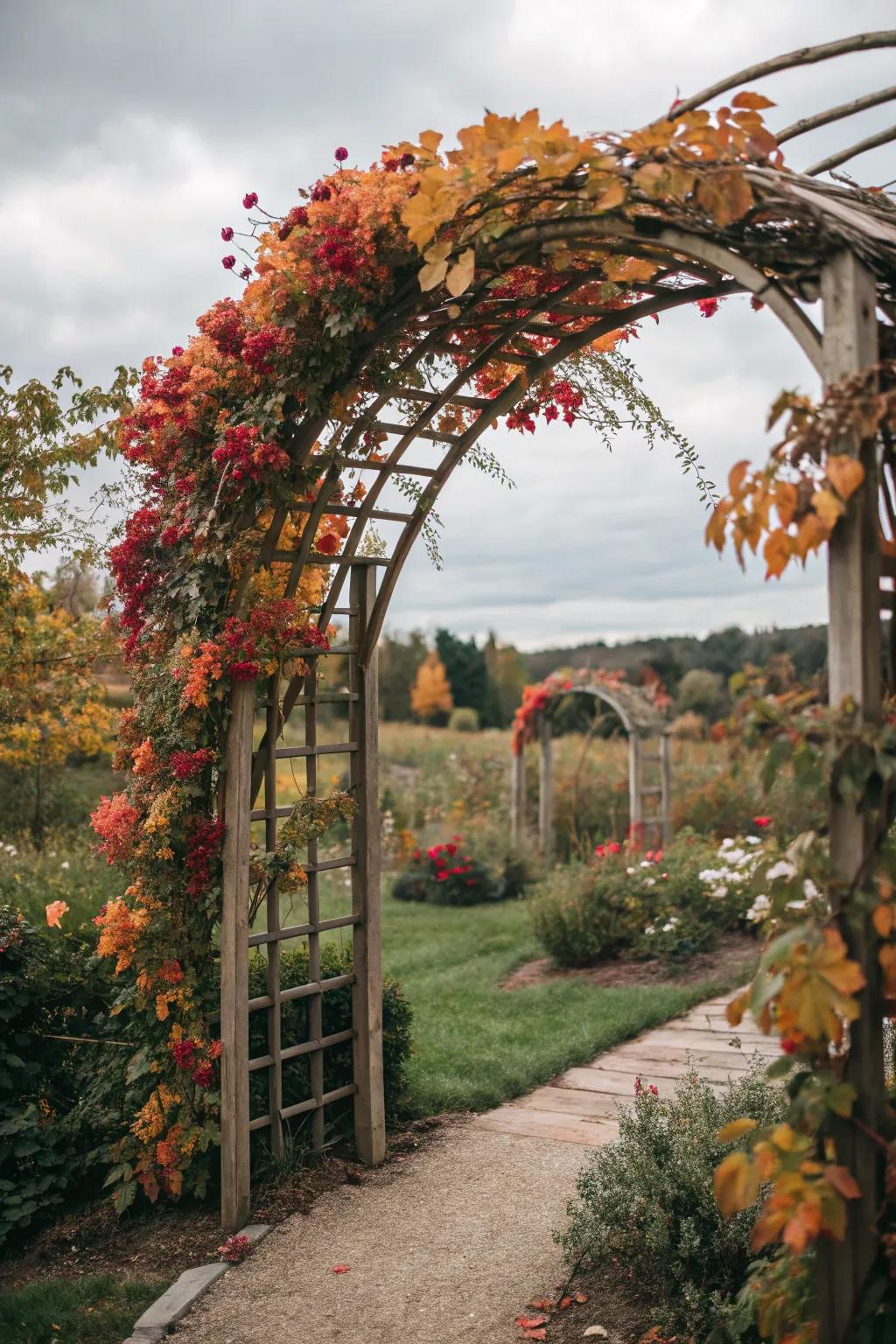 A seasonally decorated trellis with autumn leaves and berries.