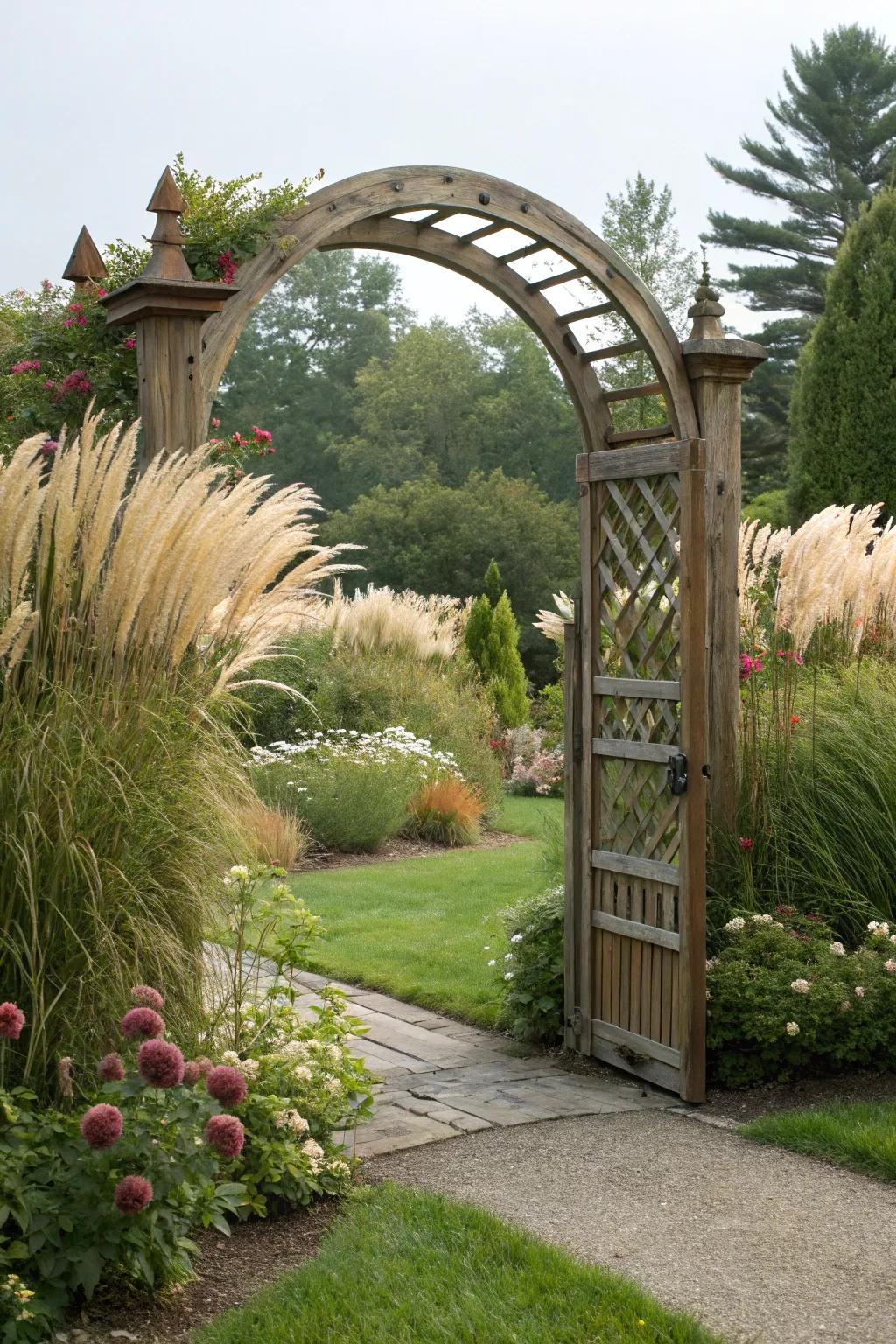 A lush garden backdrop framing an arched garden gate.