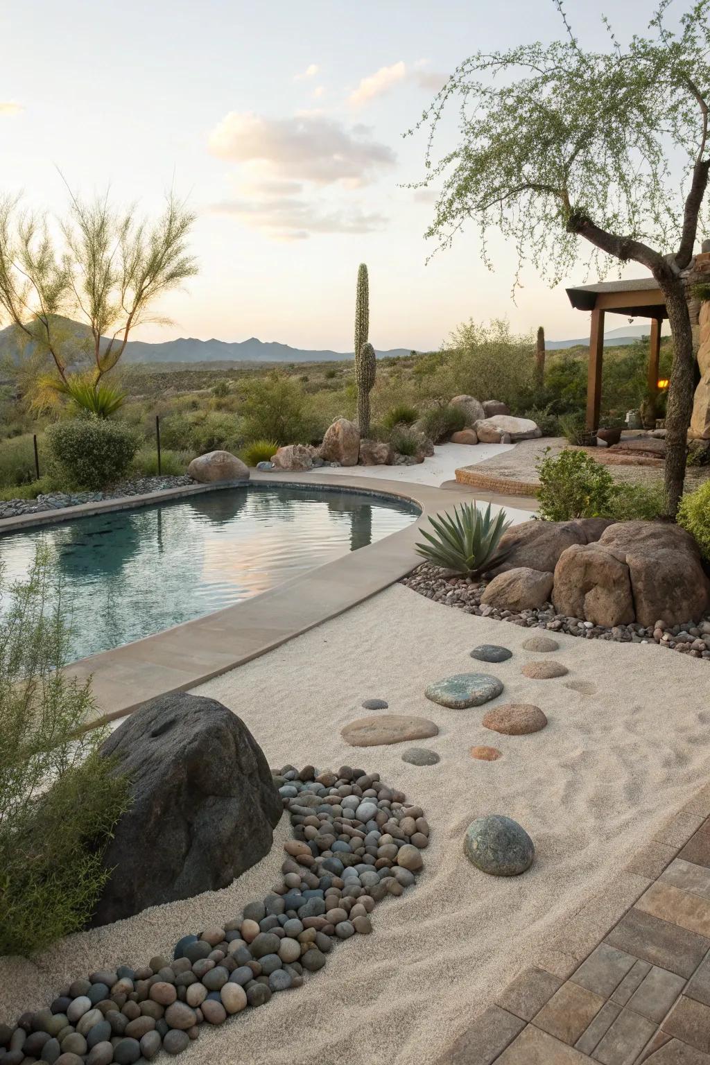 Zen gardens add a meditative element to pool landscaping.