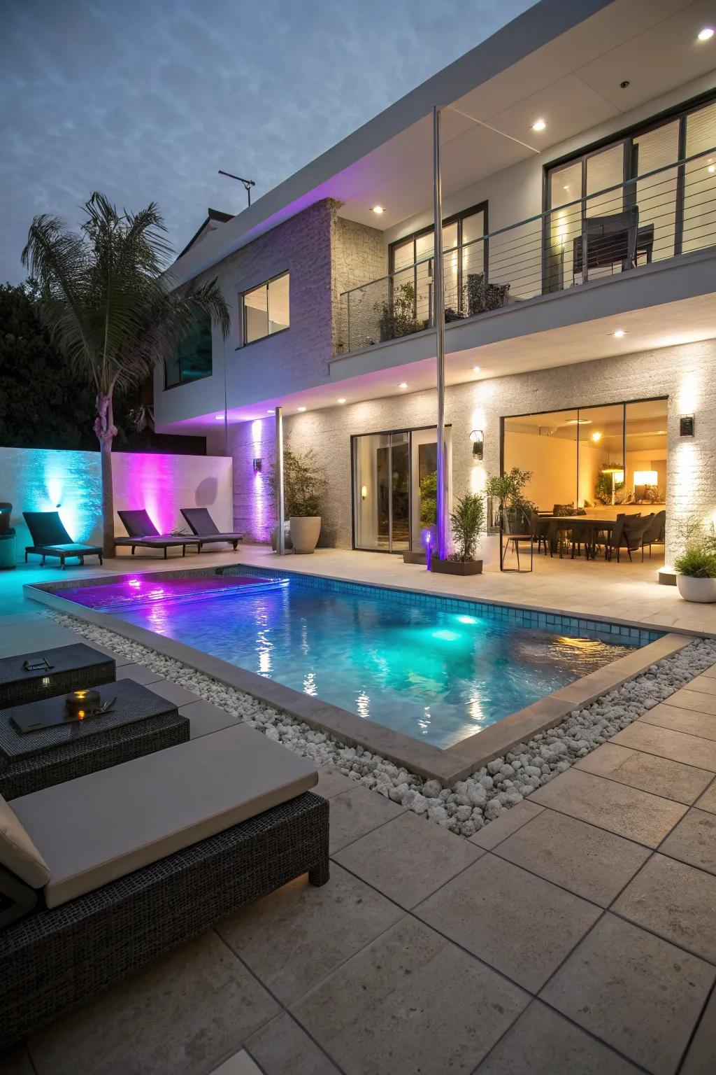 Smart lighting allows for customizable ambiance around your pool.