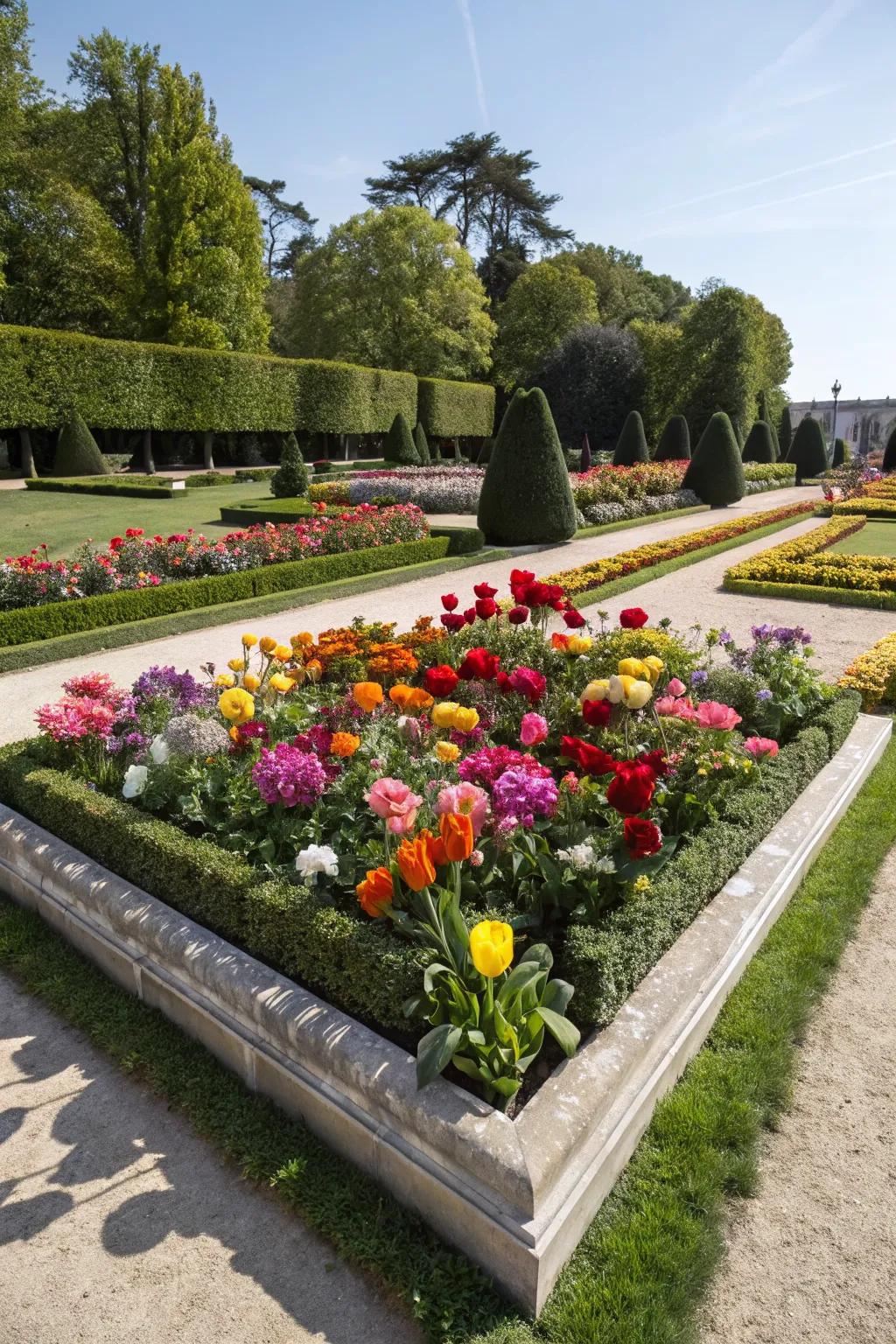 A low-maintenance luxury garden with artificial flower beds.