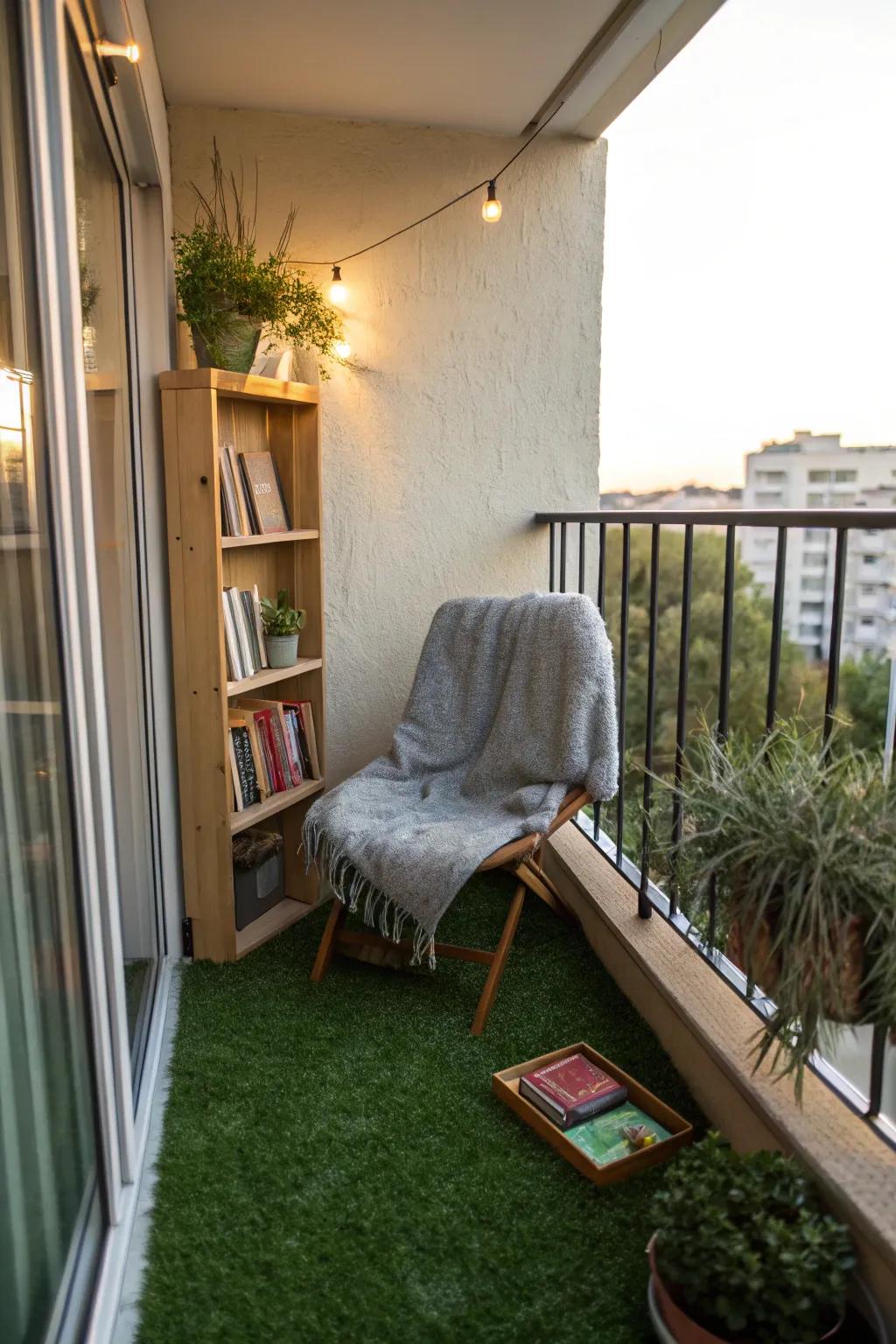 Design a lush reading nook with artificial grass for a cozy escape.