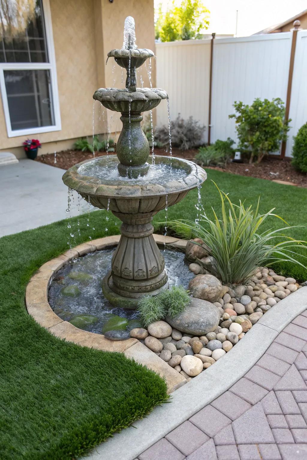 A water feature brings serenity to your artificial grass landscape.