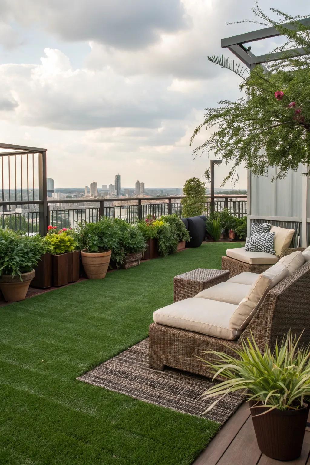 Create a rooftop retreat with artificial grass and cozy seating.