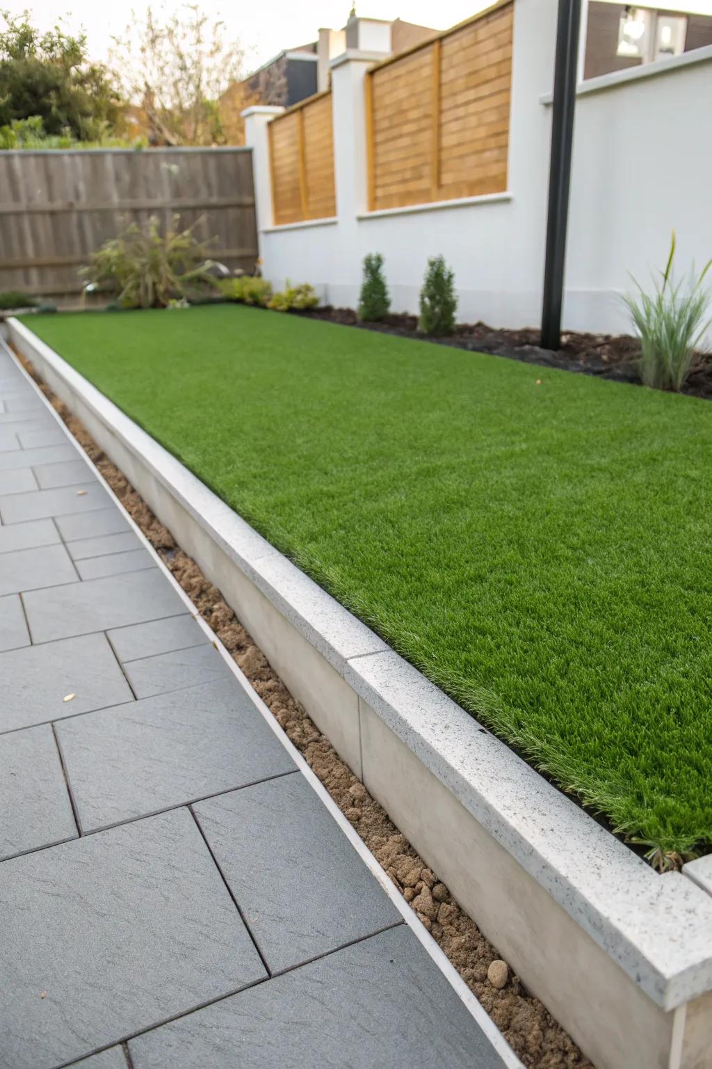 Modern garden with artificial turf and composite plastic edging.
