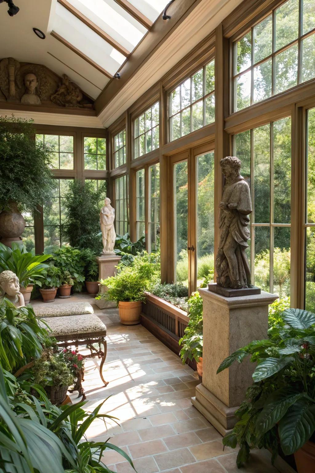 Artistic sculptures add flair to a sunroom filled with plants