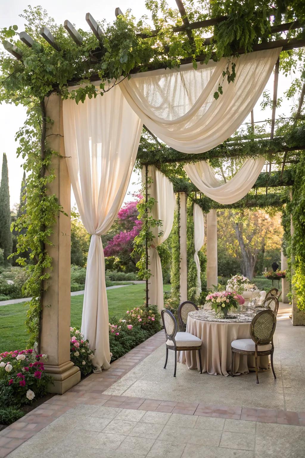 A pergola with drapes for a touch of elegance and comfort.