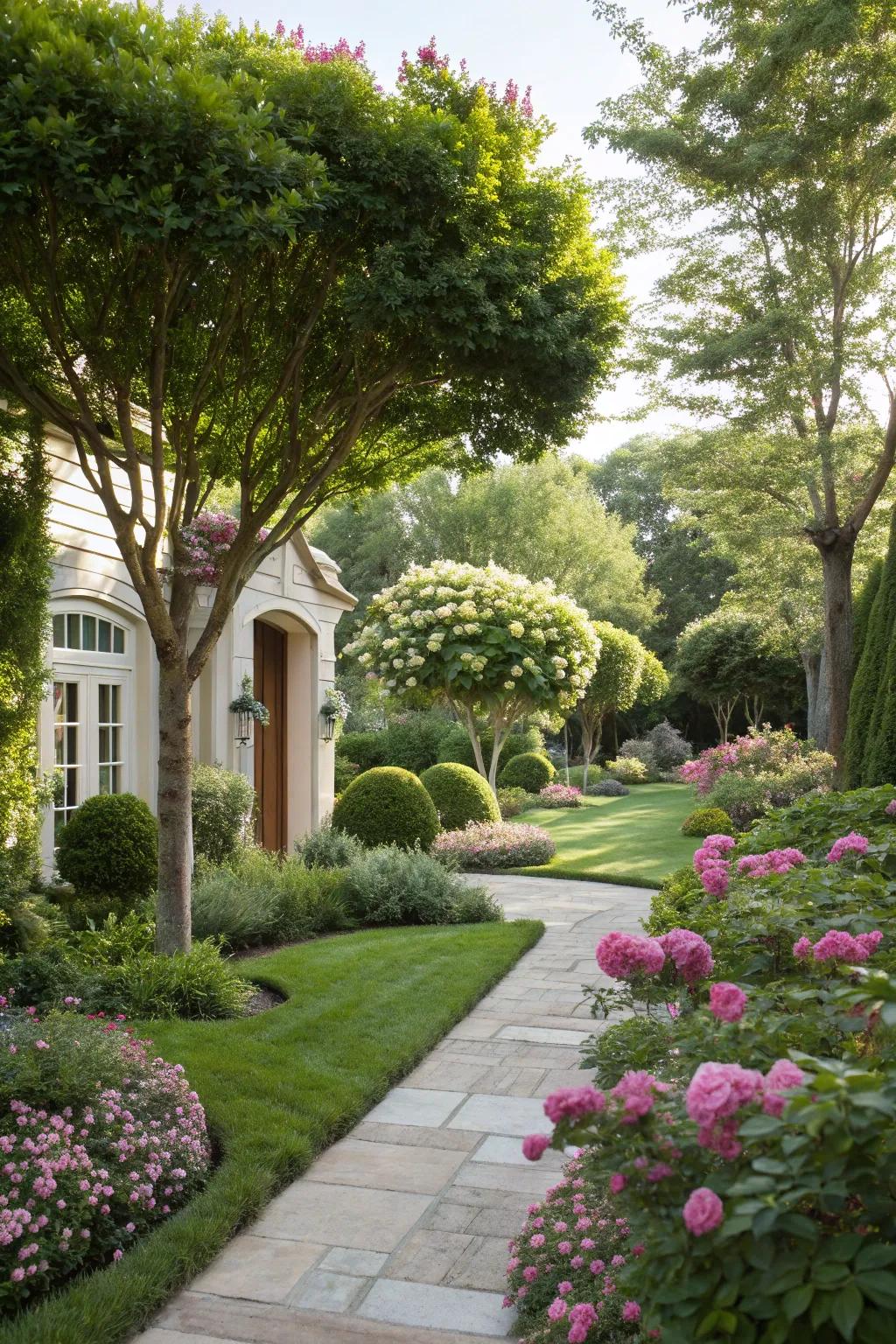 Ornamental trees create focal points in a garden.