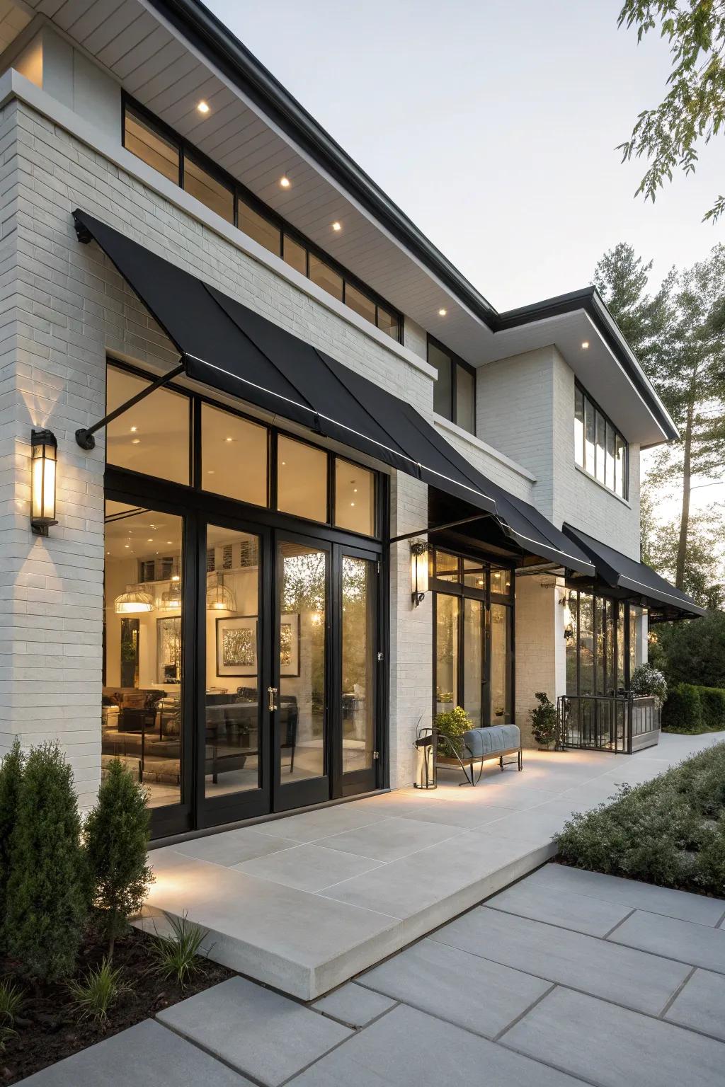Black awnings create a sophisticated and dramatic effect.