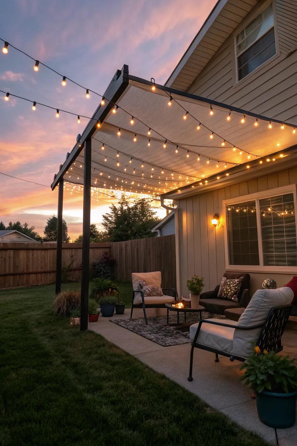 String lights and awnings create a magical evening vibe.