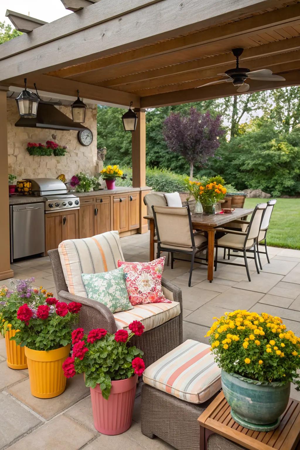 Personalized decorative touches add charm to this cozy back patio kitchen.