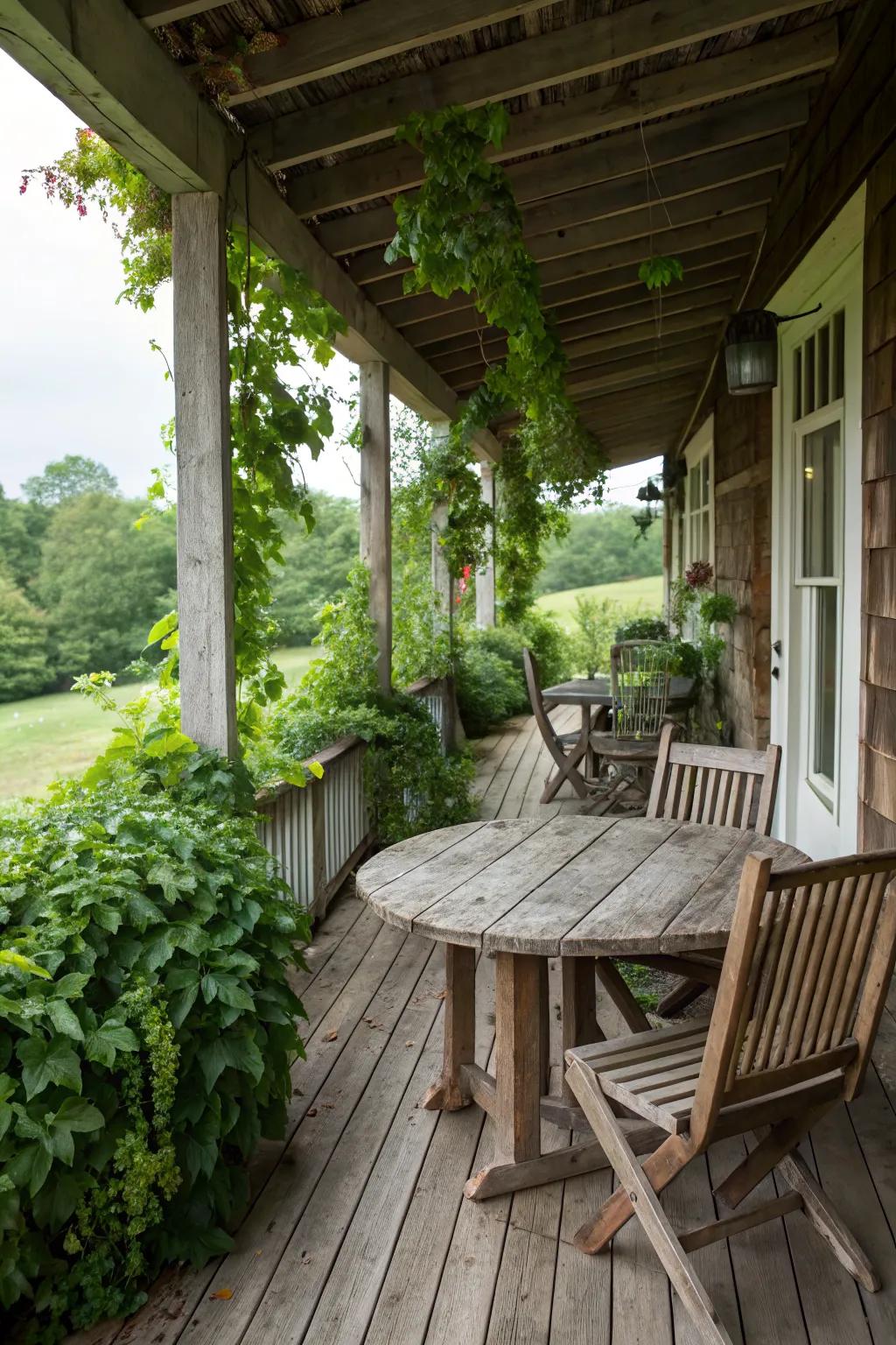 A rustic-style back porch with wooden furniture and natural textures.
